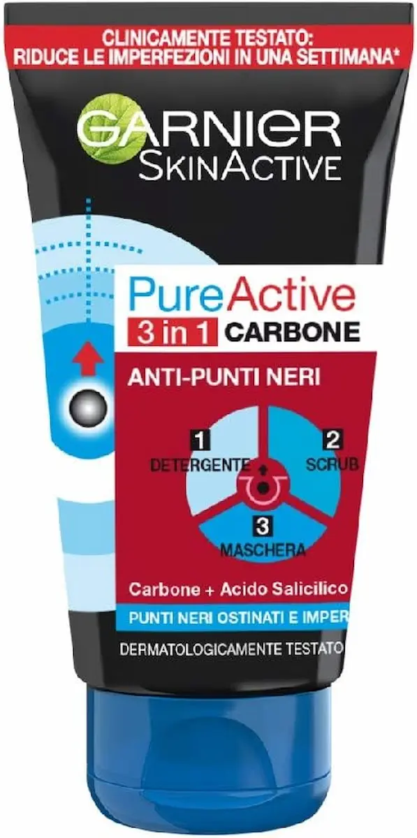 Tubo del detergente-scrub-maschera Garnier SkinActive Pure Active 3 in 1 al carbone, trattamento anti-punti neri con acido salicilico per pelli impure
