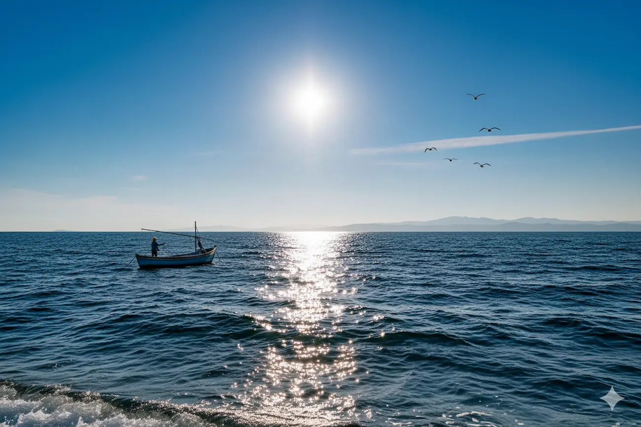 Pescatore solitario su una piccola barca in mare aperto al tramonto, con il sole alto sul cielo blu e gabbiani in volo sopra le onde
