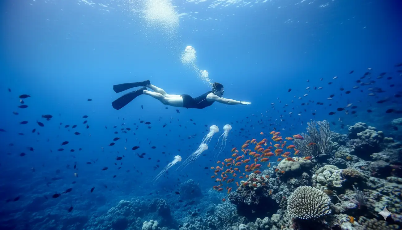 Donna che nuota in apnea sopra una barriera corallina con meduse e pesci tropicali in un mare blu cristallino