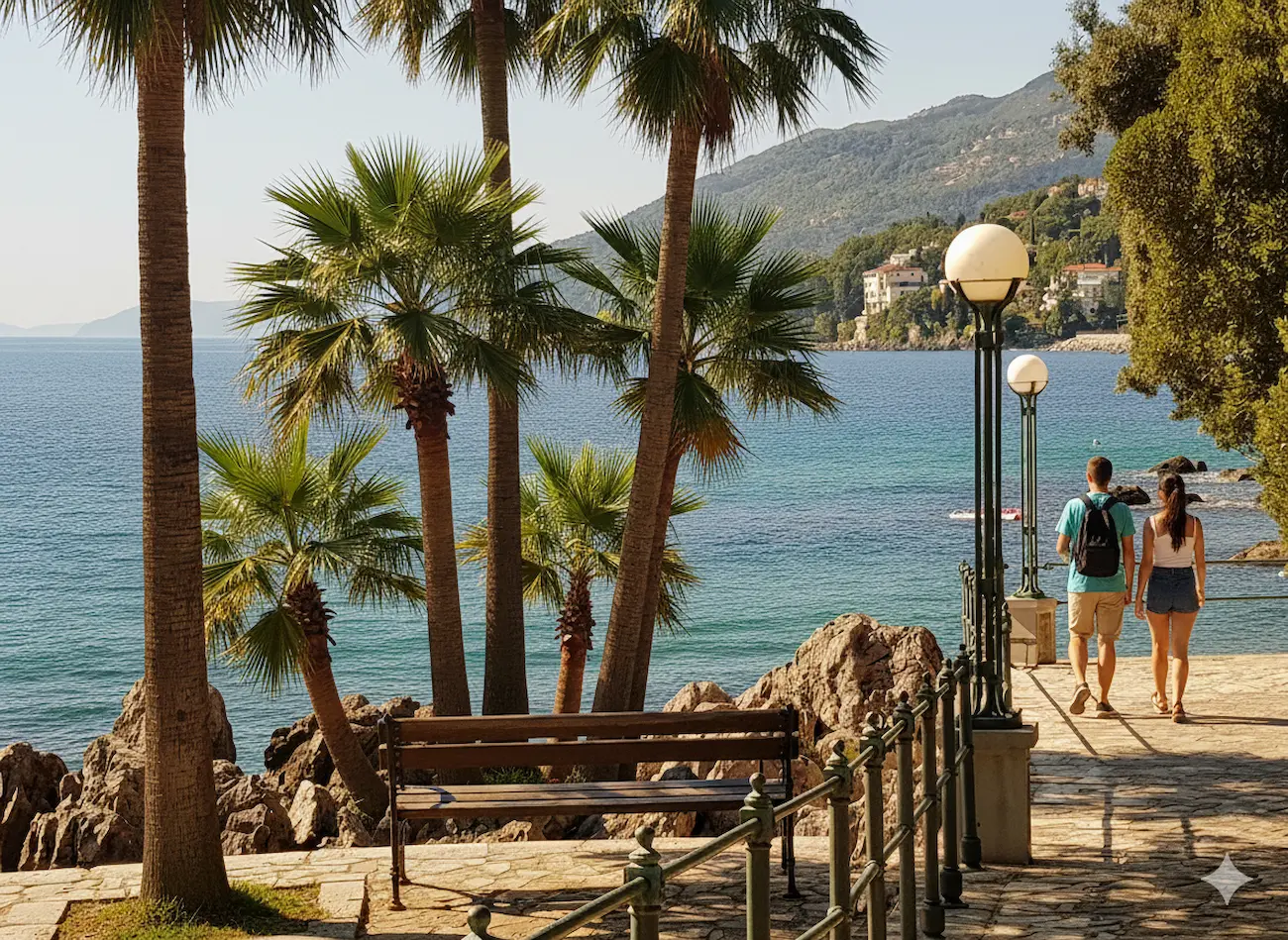 Coppia che passeggia sul lungomare ombreggiato dalle palme con vista sul mare turchese e sulle case costiere