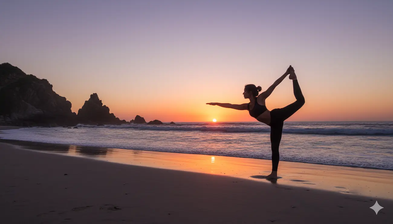 Donna che pratica una posizione di yoga in equilibrio sulla spiaggia al tramonto con il sole che scende sull’orizzonte e le onde del mare sullo sfondo