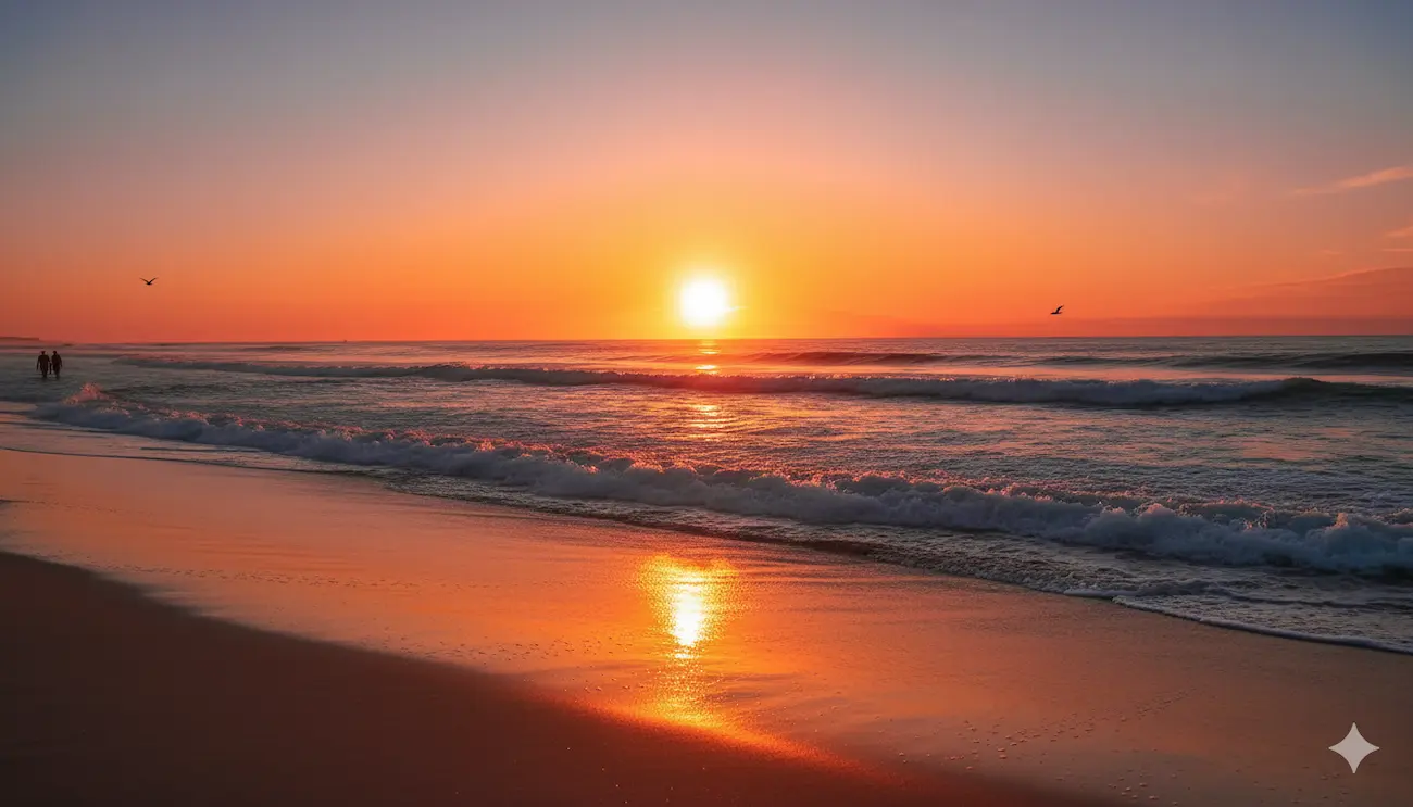 Tramonto rosa arancione che si riflette sulla spiaggia con onde delicate del mare e cielo limpido all’orizzonte