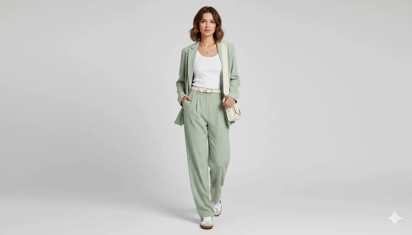 Donna che indossa un tailleur verde menta con pantaloni a vita alta, canotta bianca e sneakers bianche per un look ufficio casual chic
