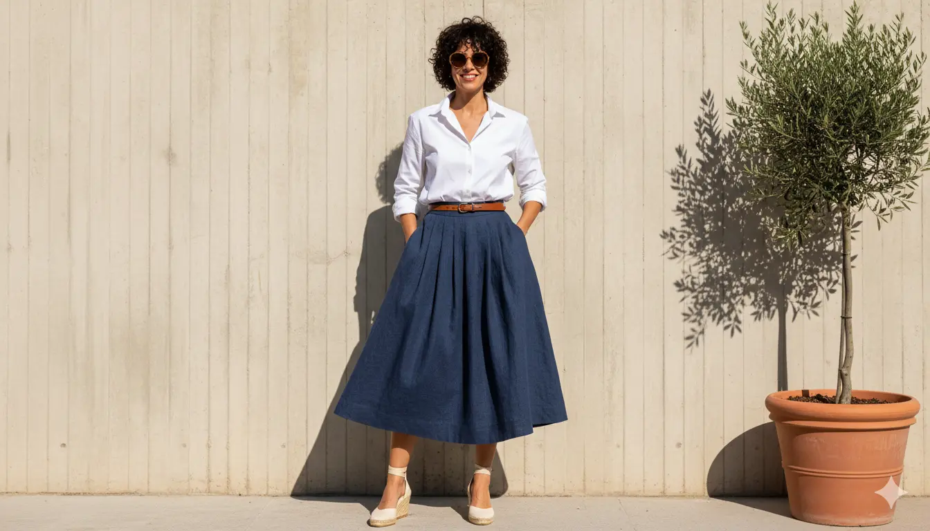 Donna con camicia bianca e gonna blu midi a ruota, cintura in pelle e sandali con zeppa che posa al sole accanto a un ulivo in vaso su sfondo minimal