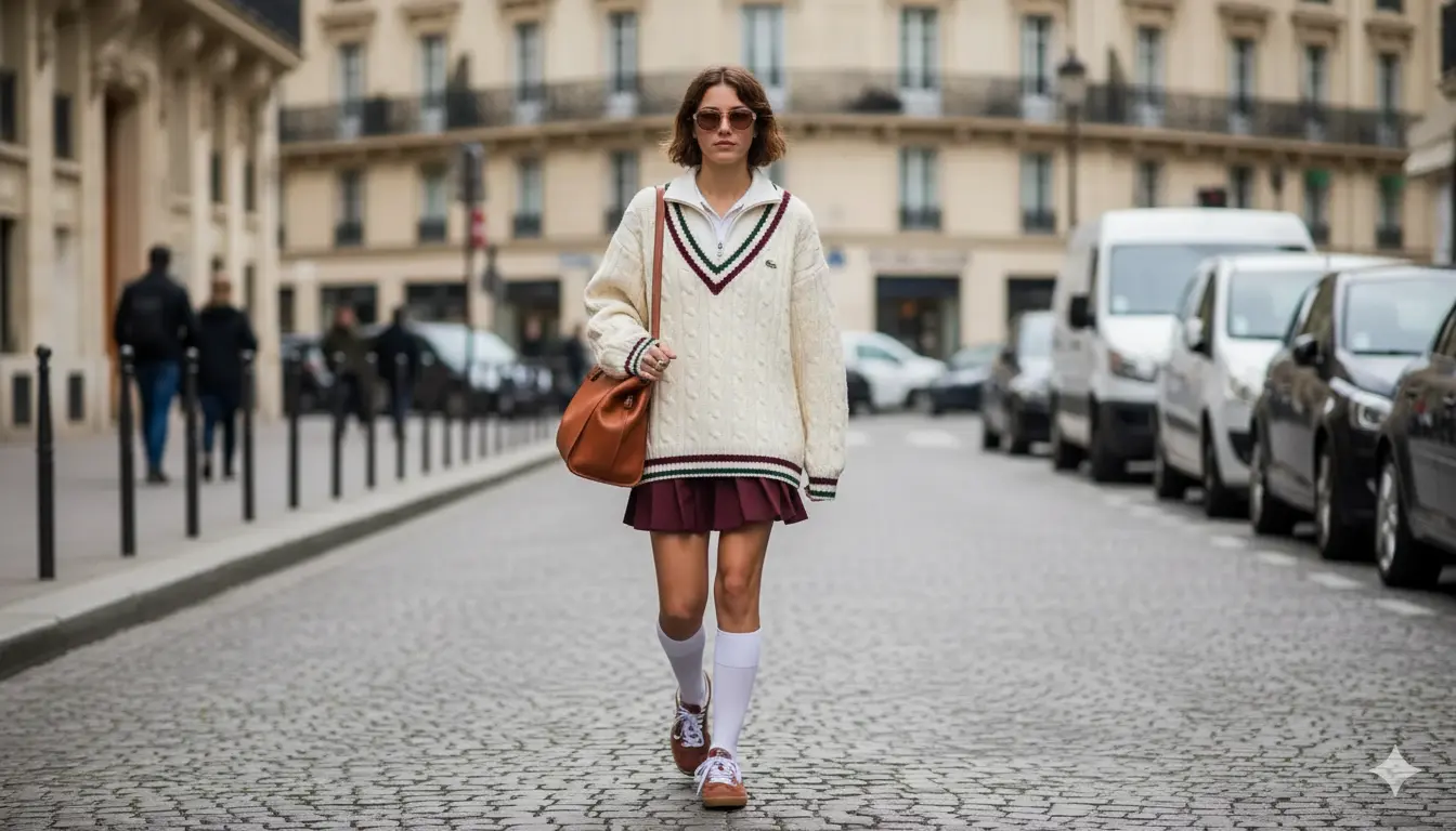 Donna che cammina in città su strada acciottolata indossando maglione oversize in maglia stile preppy, minigonna plissettata bordeaux, calzini al ginocchio e borsa in pelle color cuoio