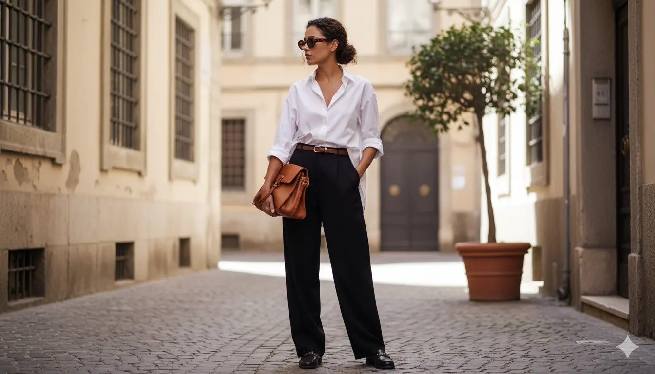 Donna che posa in una via cittadina acciottolata indossando camicia bianca maschile, pantaloni neri a gamba dritta e borsa in pelle color cuoio per un look minimal chic da tutti i giorni