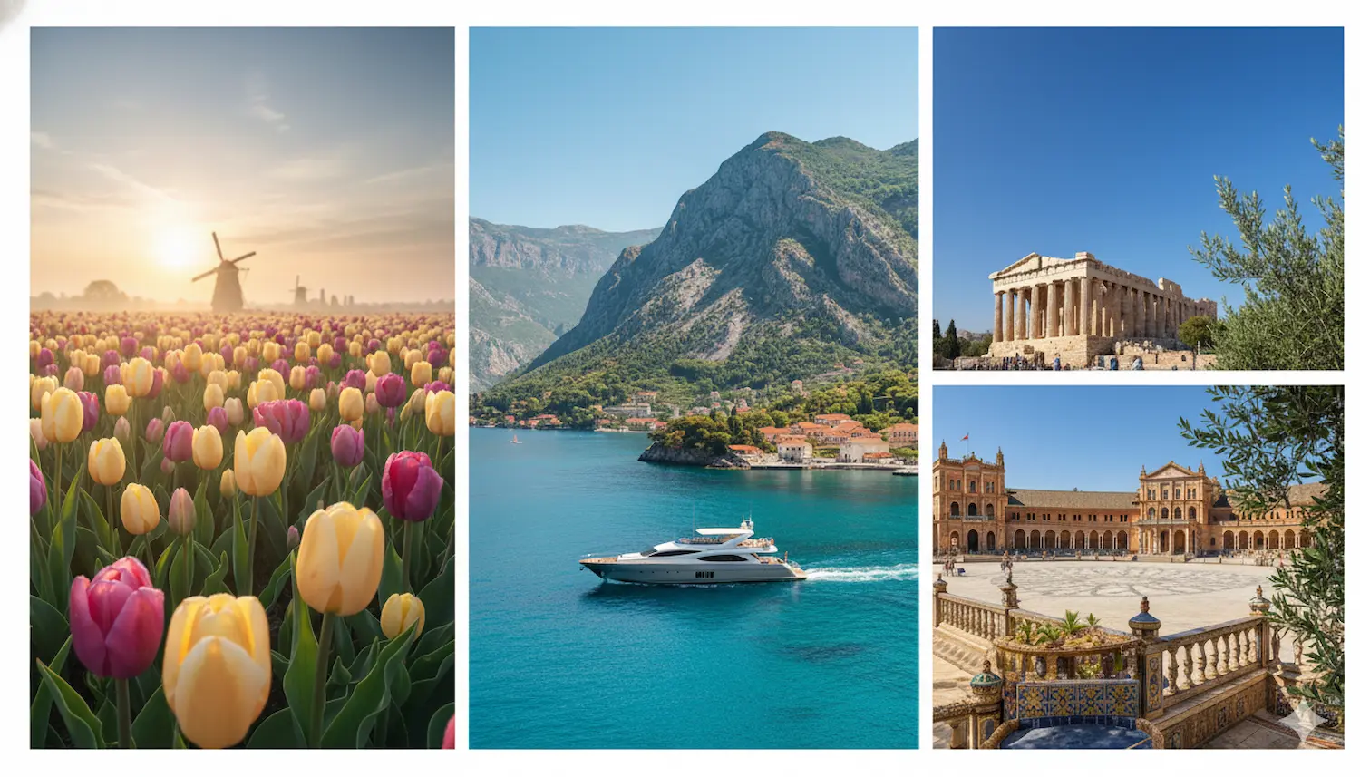 Europa a marzo 2026: collage primaverile con tulipani, mare mediterraneo e città storiche per idee di viaggio
