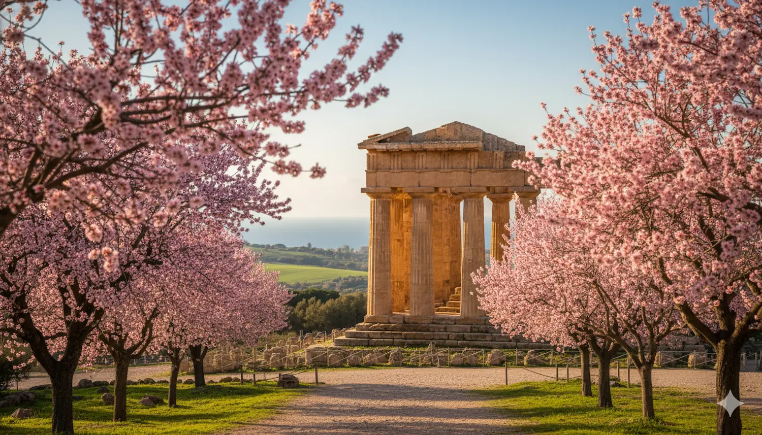 Sicilia a marzo 2026: Valle dei Templi con mandorli in fiore, rovine antiche e mare