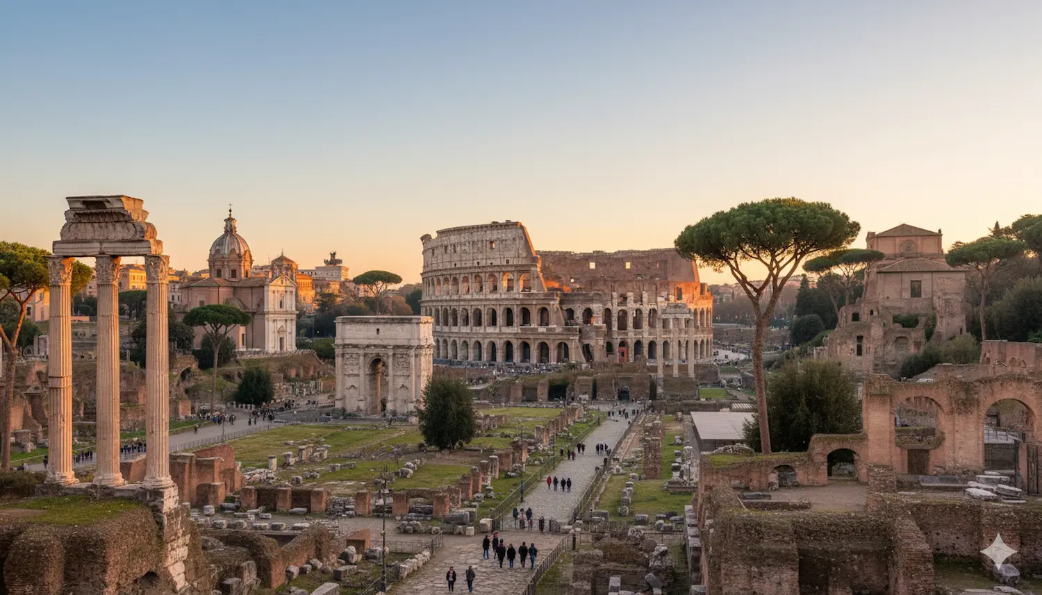 Roma a marzo 2026: Fori Imperiali e Colosseo al tramonto
