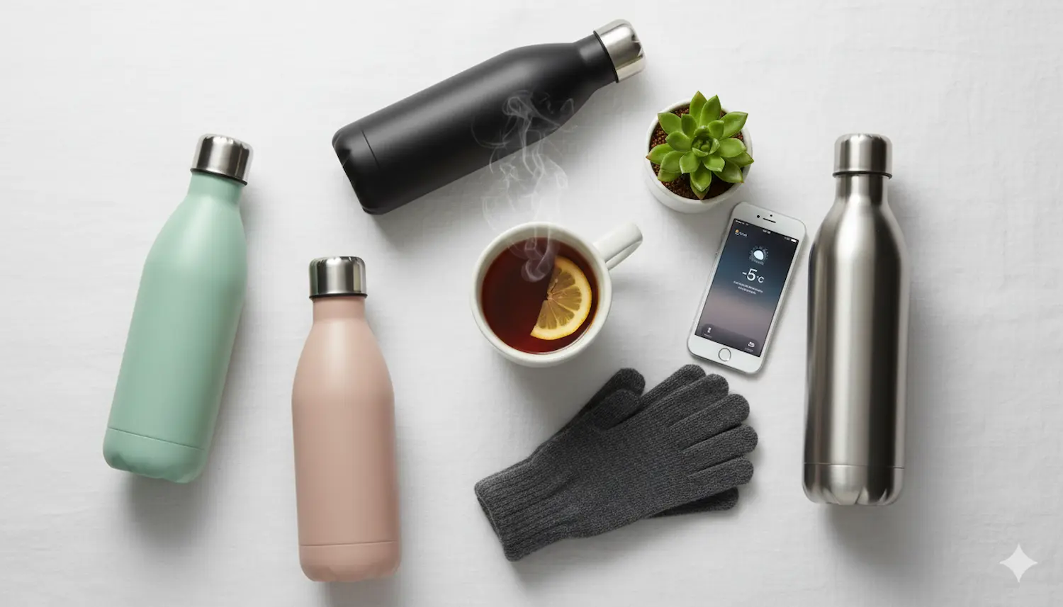 Flat lay borracce termiche inverno: mint rosa nude nero acciaio, tazza tè limone, guanti grigi, smartphone meteo -5°C, succulenta