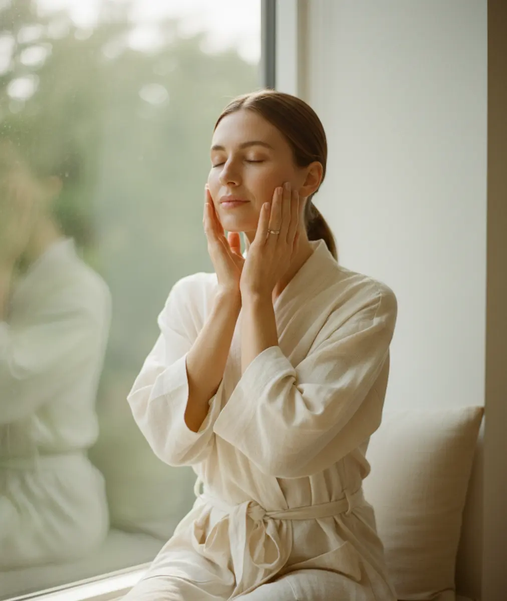 Skincare coreana minimal: donna in accappatoio applica prodotti sul viso vicino a una finestra, luce naturale morbida.