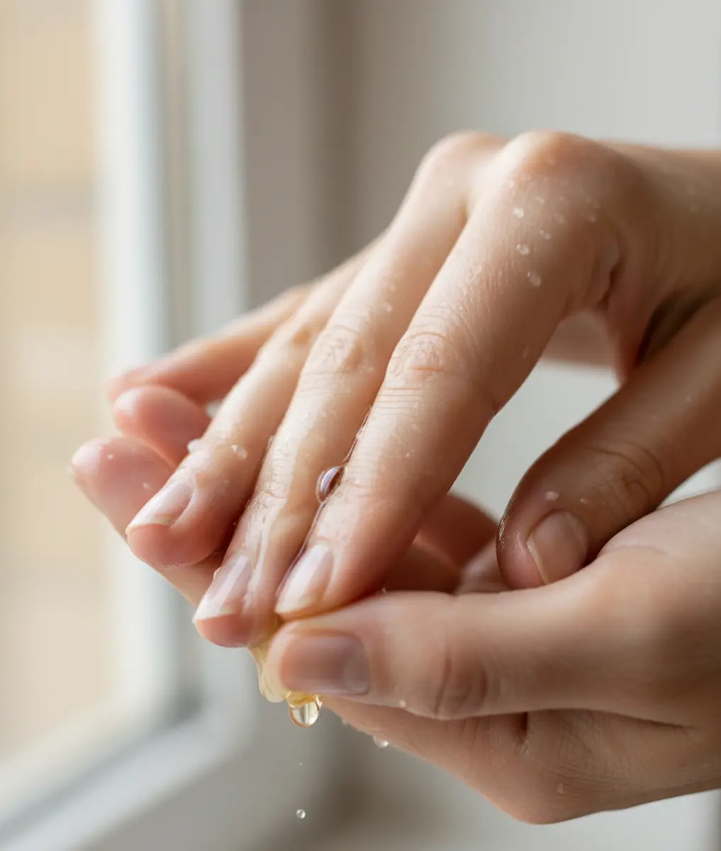 Double cleansing: olio detergente tra le mani bagnate, gocce che colano, gesto di emulsione delicata