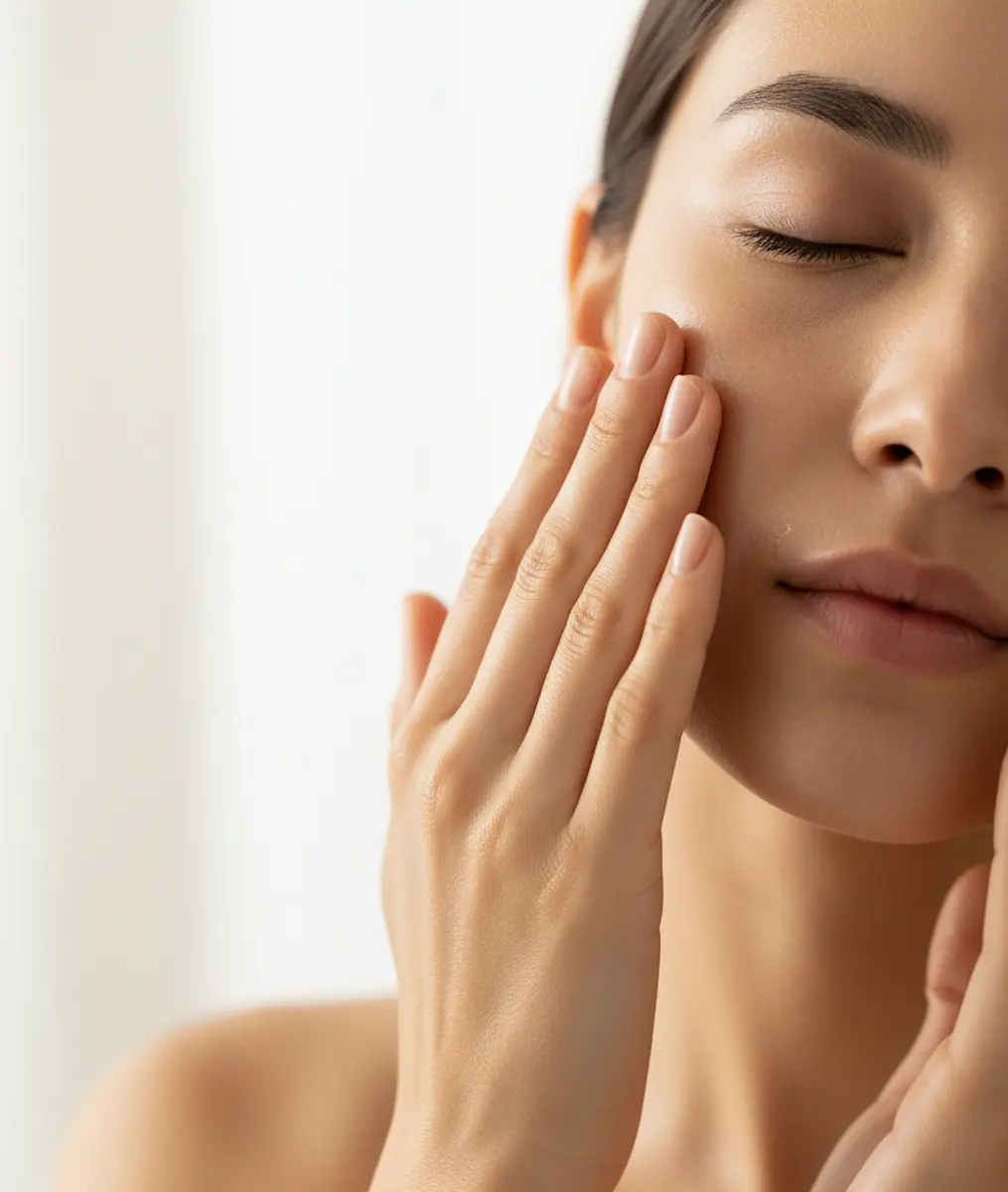 Patting del tonico: primo piano viso, mano che tampona delicatamente la pelle per assorbimento e idratazione.