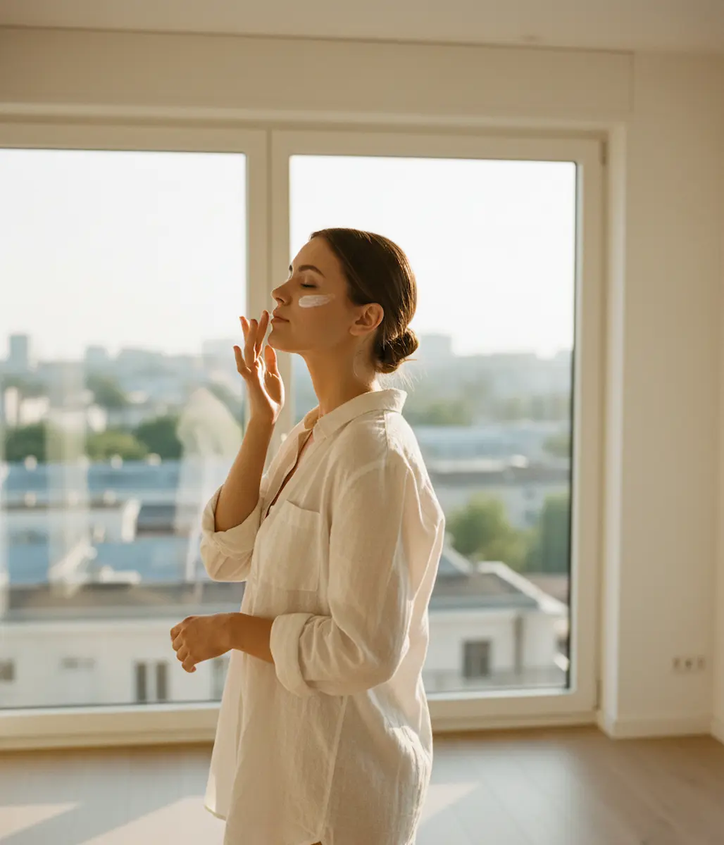 SPF viso quotidiano: donna applica crema solare davanti alla finestra, luce naturale e mood urbano minimal