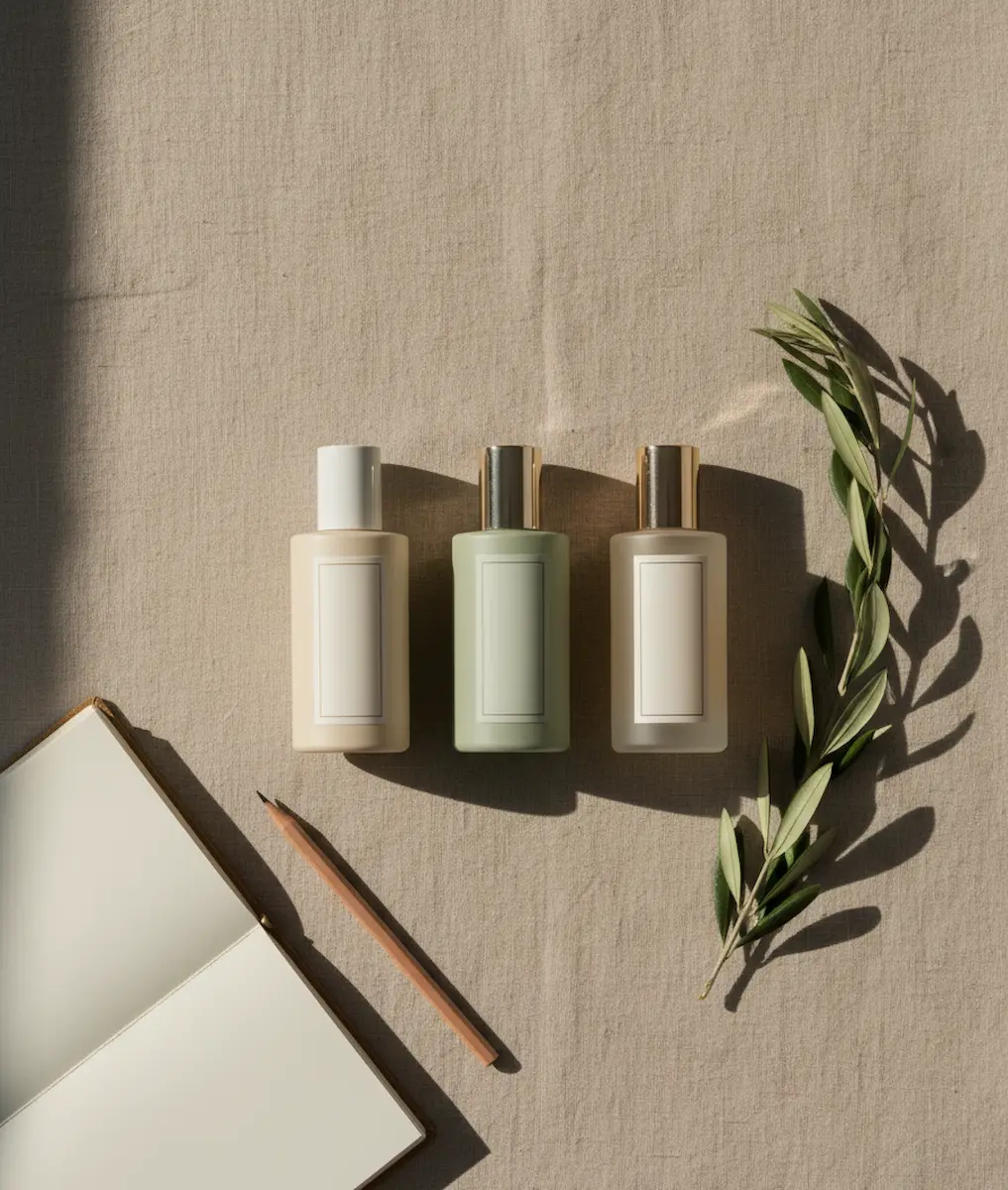 Flat lay minimal skincare: pochi flaconi ordinati con taccuino e ramo, idea di routine semplice e costante