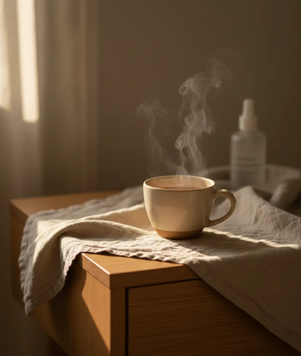 Rituale serale soft: tazza calda fumante su comodino, luce dorata e atmosfera di calma dopo la skincare
