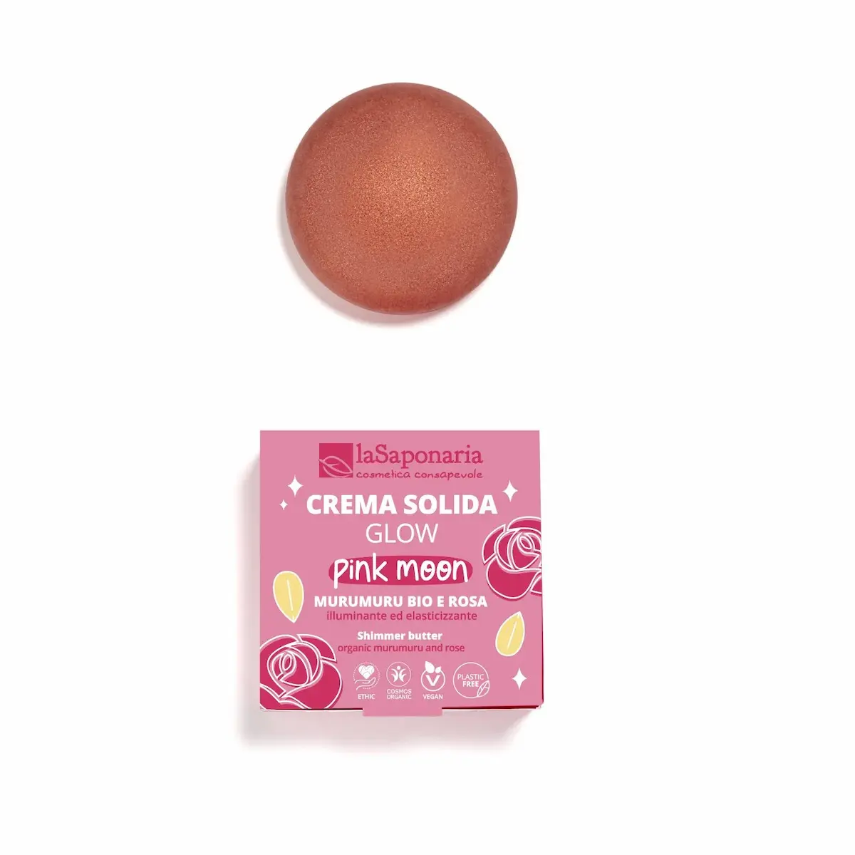 La Saponaria Pink Moon crema corpo solida glow shimmer rosa con murumuru melograno packaging plastic-free illuminante elasticizzante