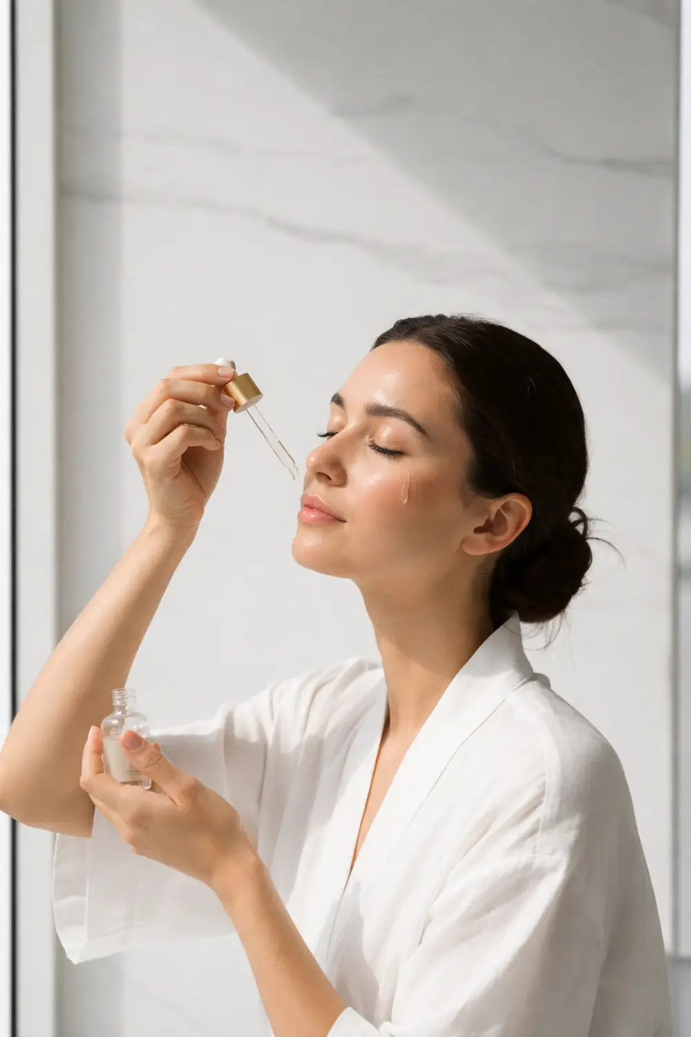 Donna applica siero viso nella routine di skincare coreana con pipetta e texture glow naturale