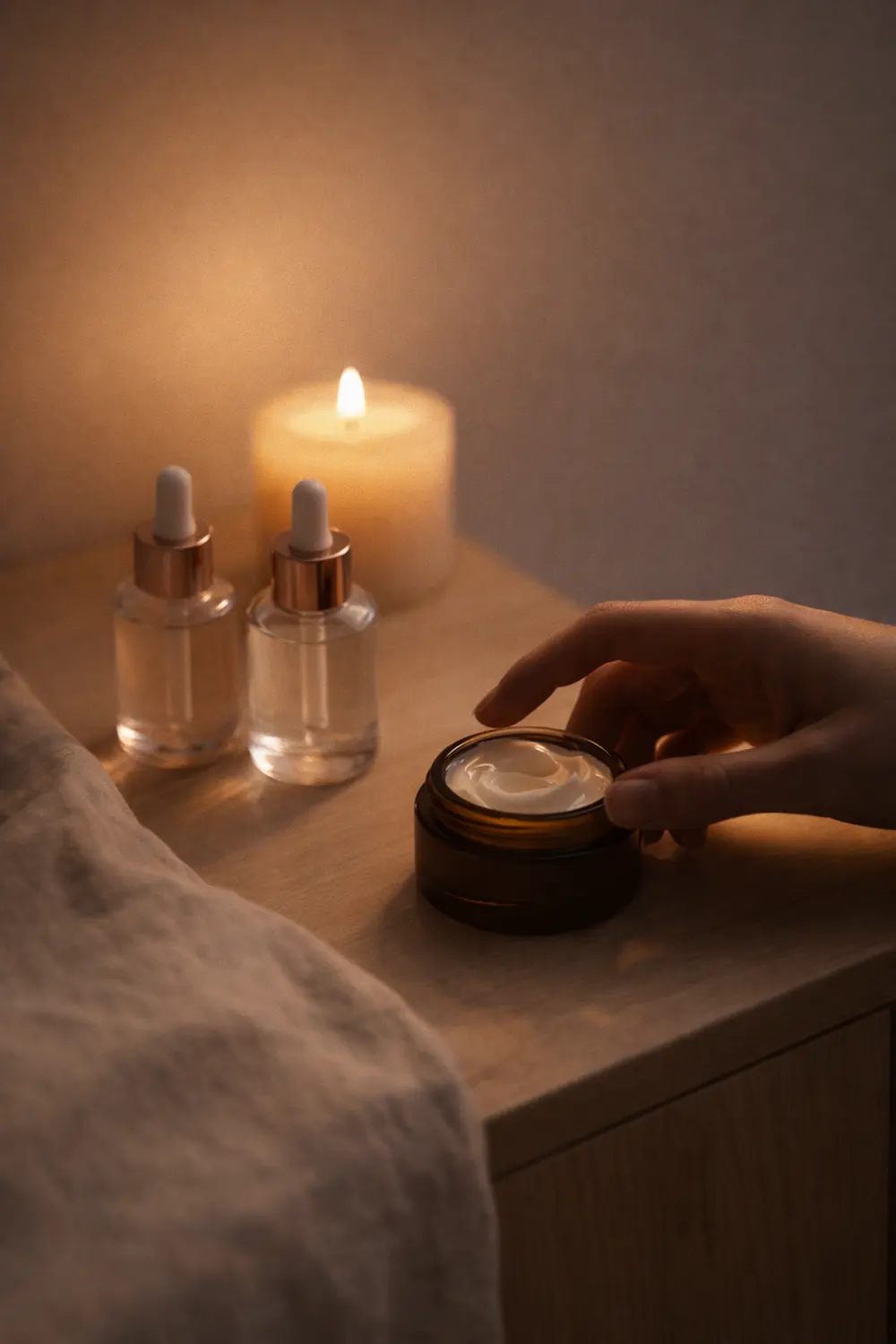 Rituale serale di skincare coreana con sieri e crema viso in ambiente caldo e rilassante