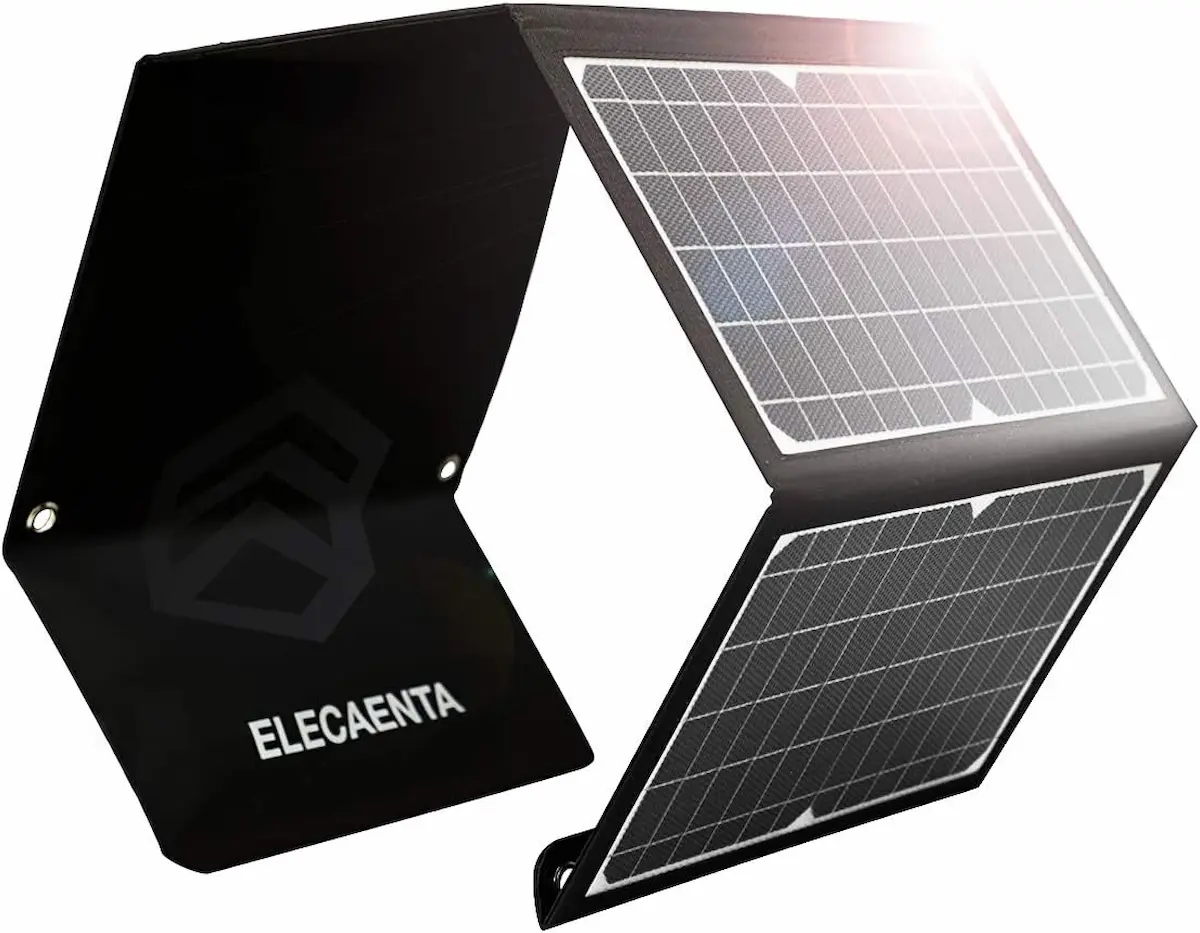Caricabatterie solare Elecaenta 30W, pieghevole e resistente, perfetto per escursioni e ricarica multipla in viaggio.
