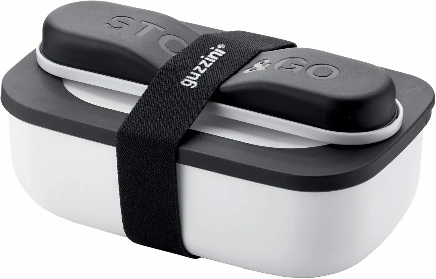 Lunch box Guzzini Store&Go con posate integrate e fascia elastica nera su fondo chiaro