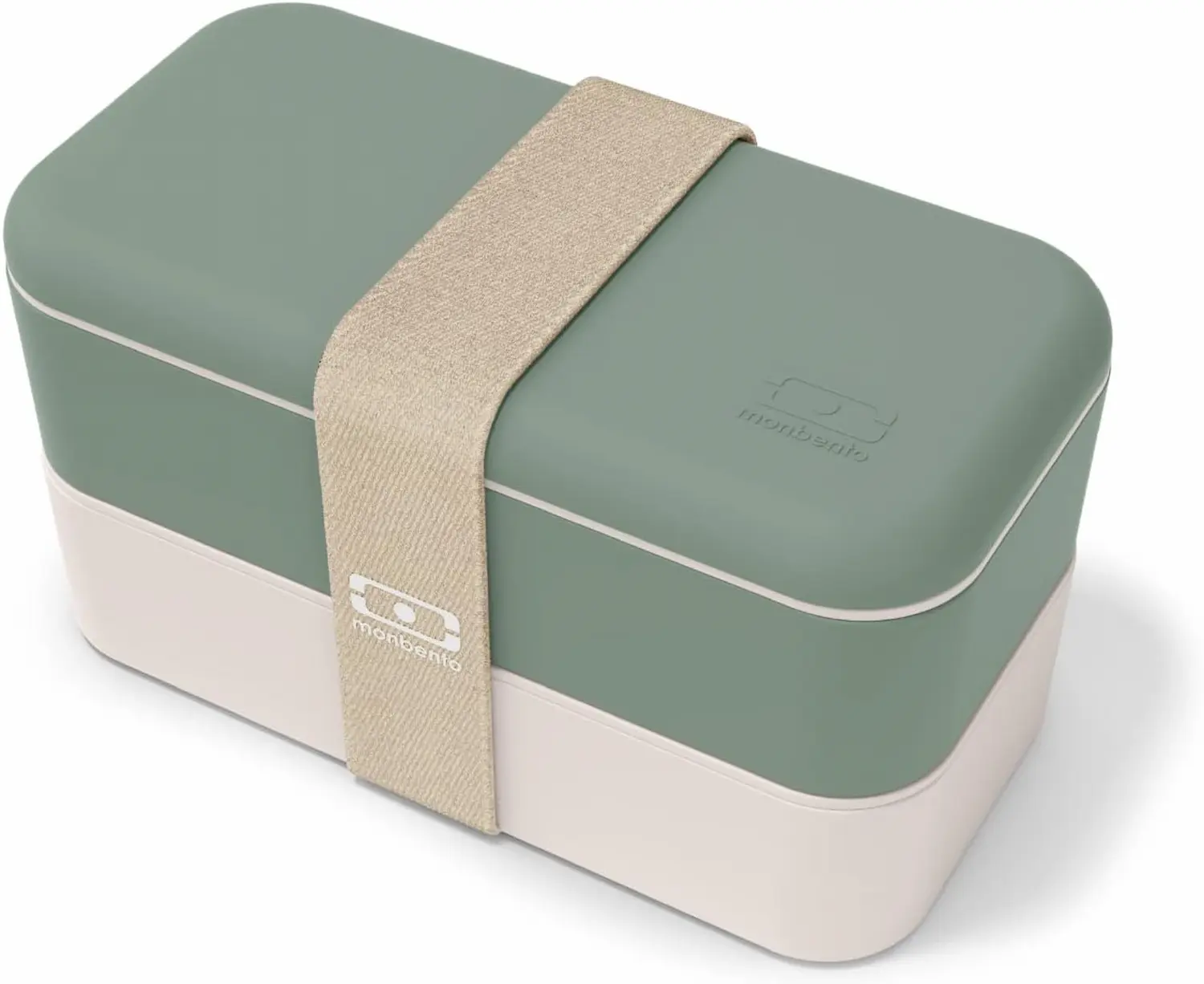 Bento box Monbento MB Original verde salvia con fascia elastica beige su fondo chiaro