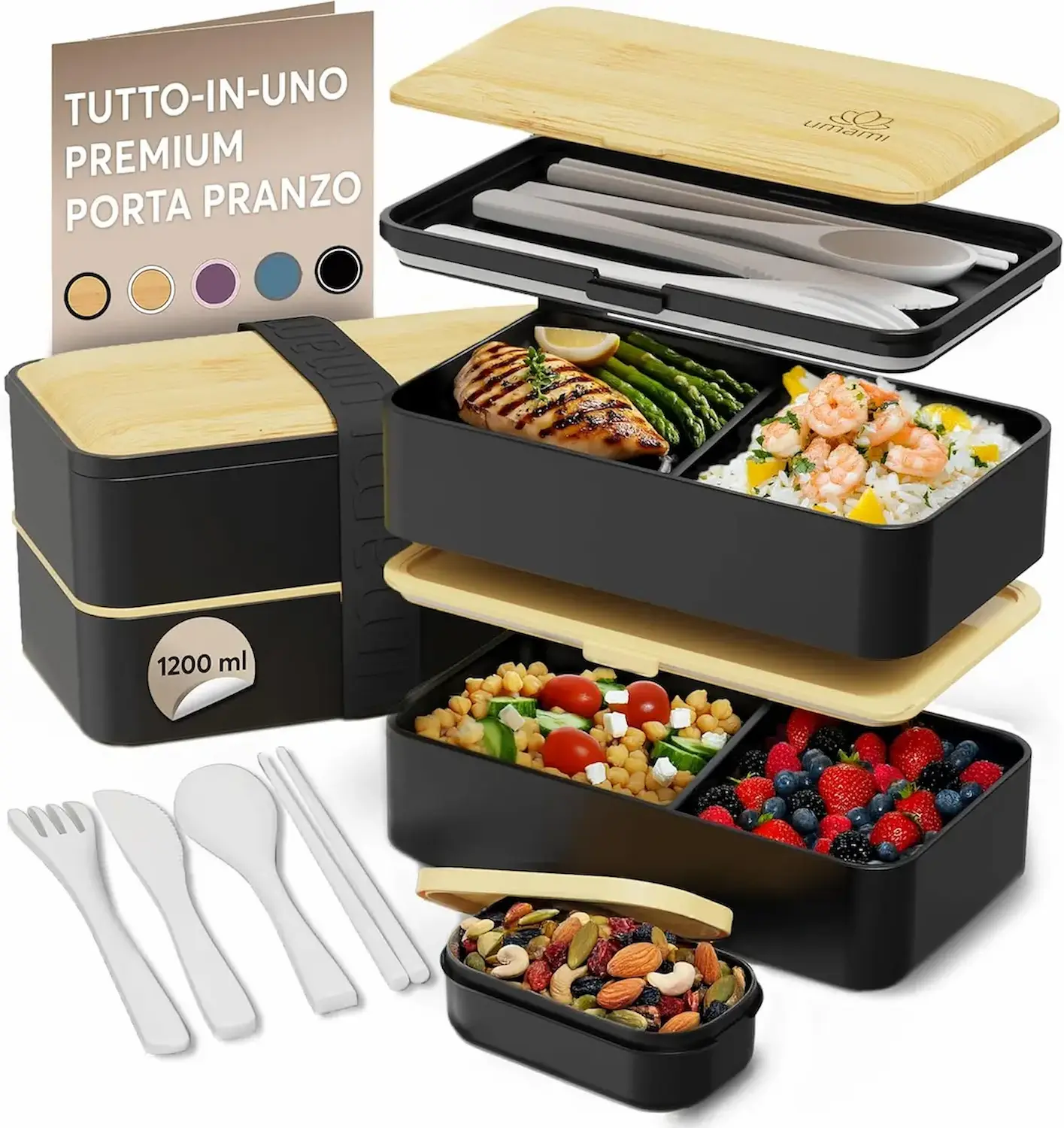 Umami lunch box AMEI 1200ml nero beige: bento box 4 scomparti con coperchio bamboo, posate e contenitori multipli per pranzo