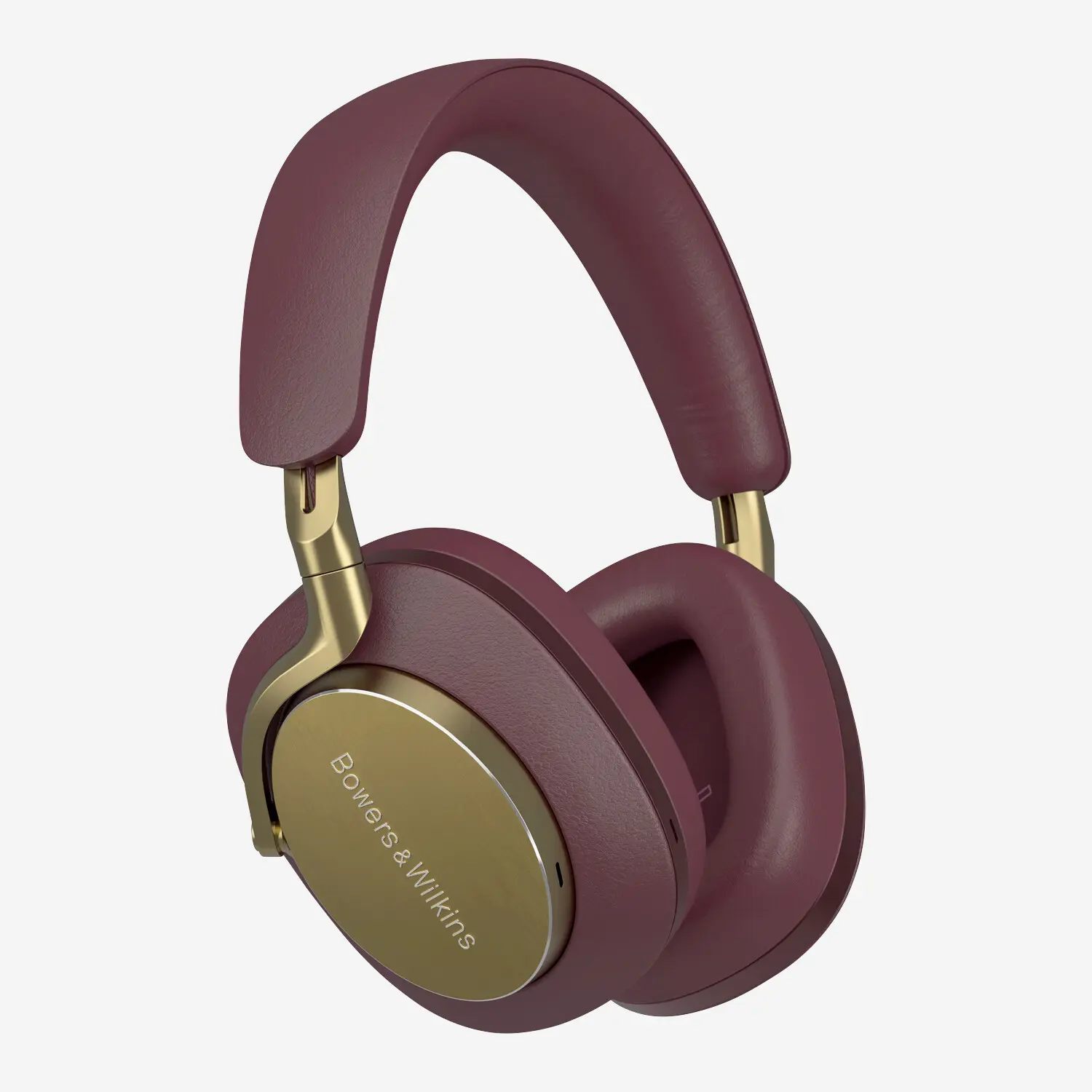 Bowers & Wilkins Px8 cuffie bluetooth di lusso color bordeaux, padiglioni in pelle con pannello metallico dorato satinato
