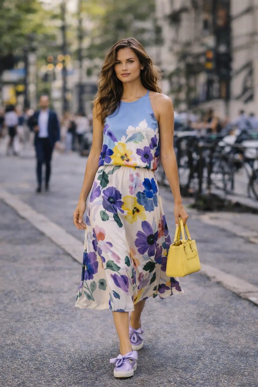 Abito floreale nei toni ceruleo, butter yellow e lilla tra i trend moda estate 2026