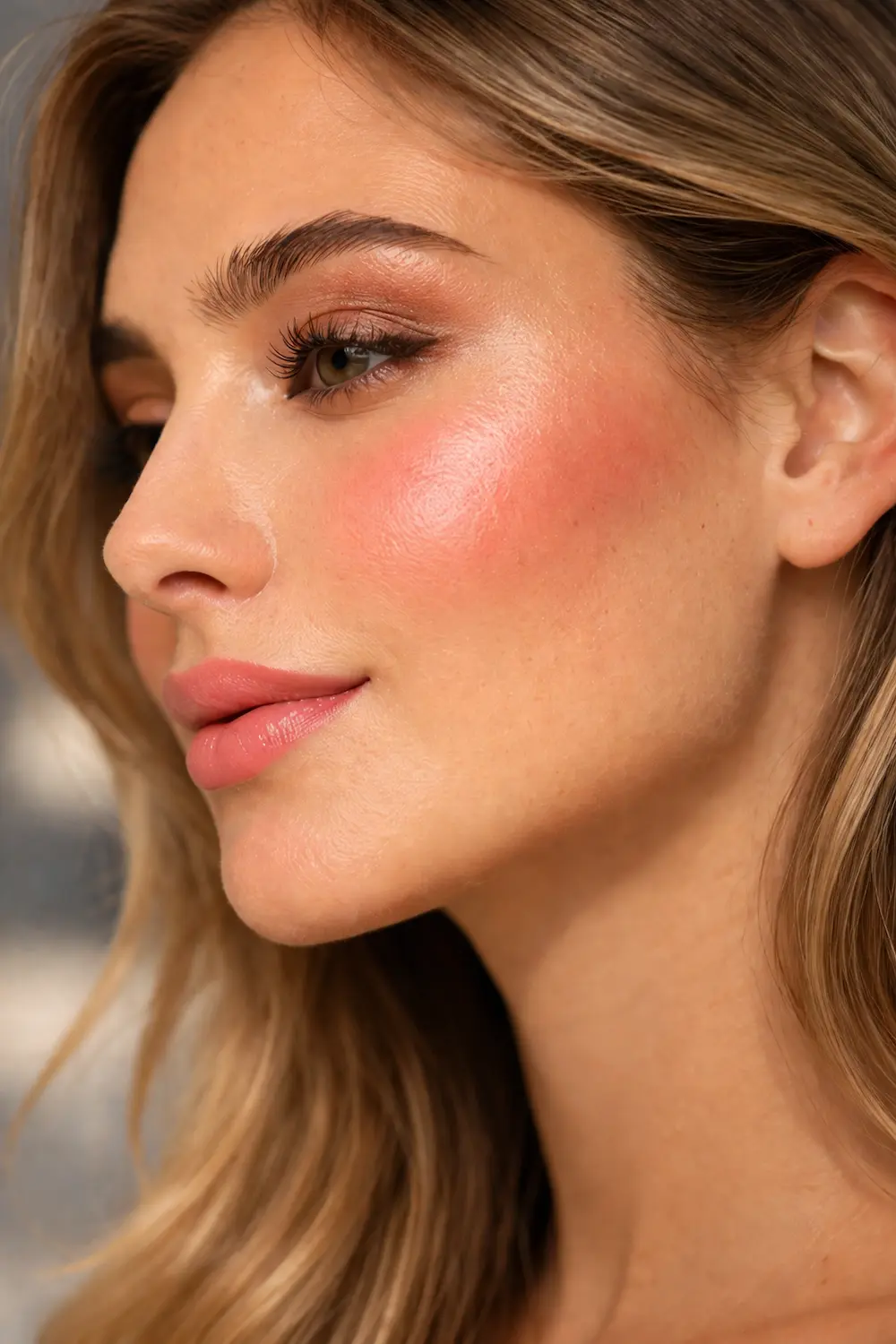 Blush rosa pesca sfumato su viso luminoso per il trend makeup primavera 2026