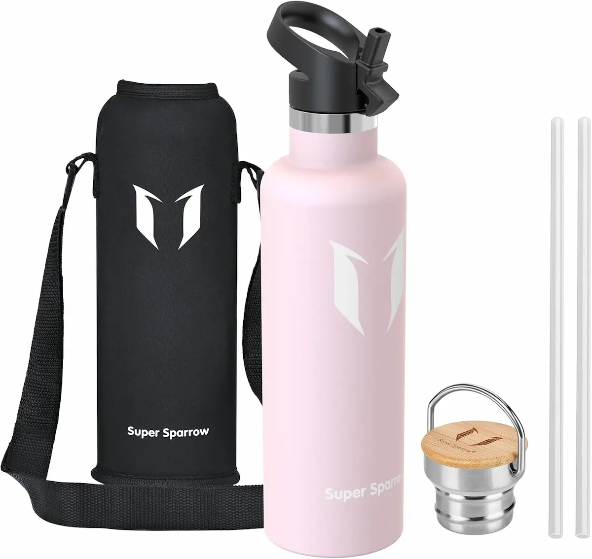 Super Sparrow ZM-Flask rosa da 1 litro con due tappi intercambiabili e custodia nera