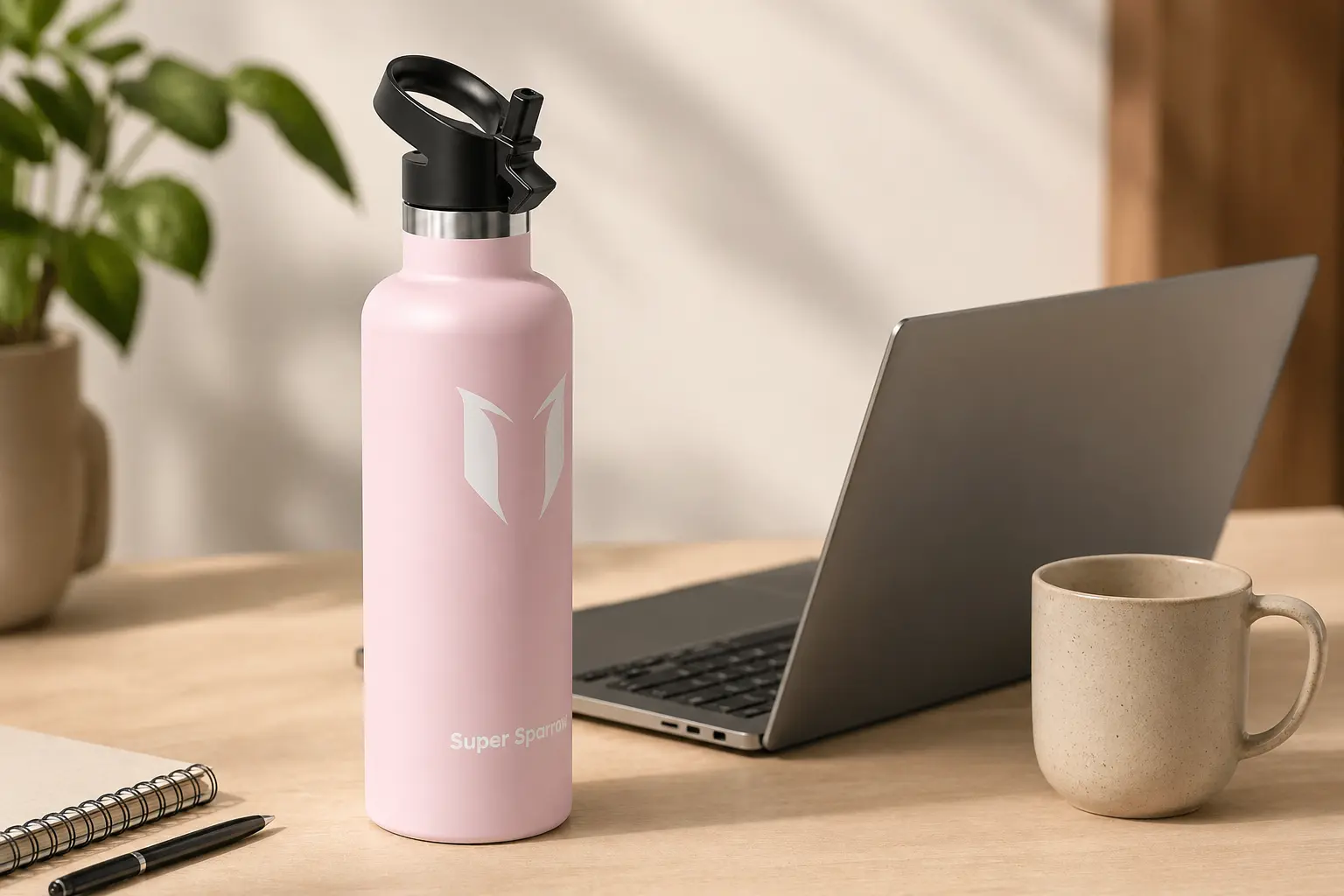 Borraccia termica da 1 litro su scrivania con laptop e tazza