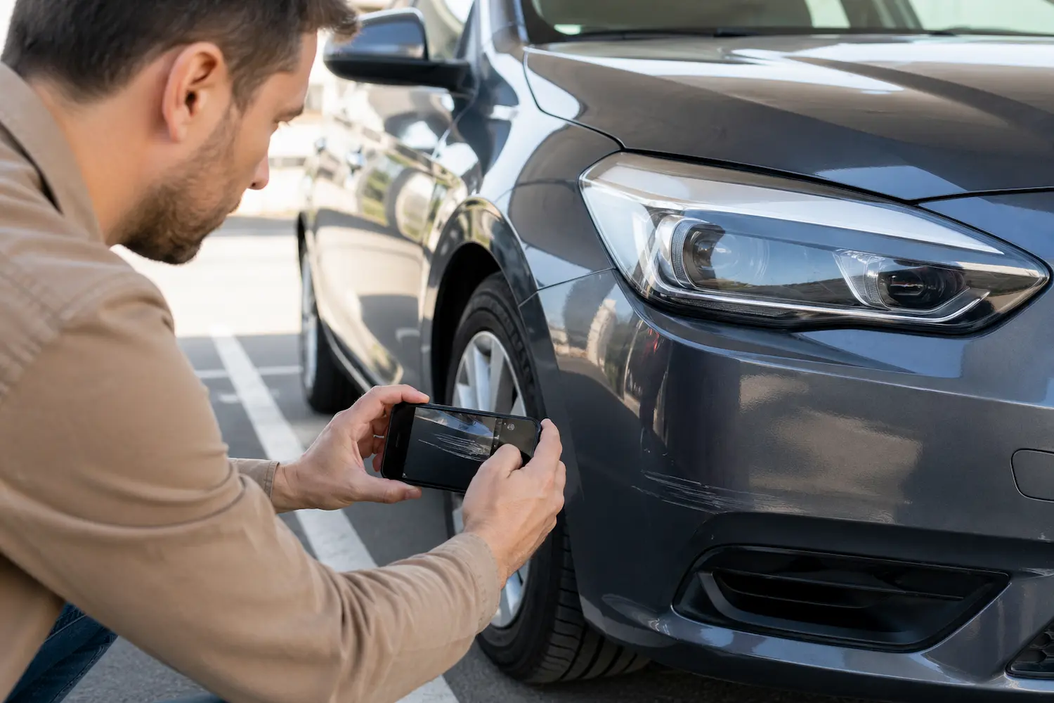 Persona fotografa un dettaglio dell’auto a noleggio prima del ritiro