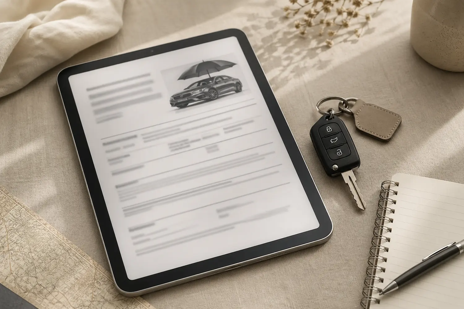 Tablet con condizioni di assicurazione noleggio auto e chiavi sul tavolo
