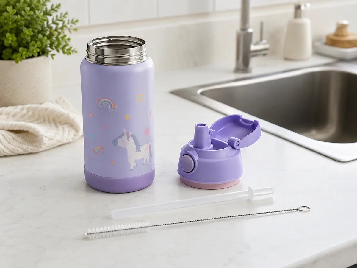 Borraccia termica per bambini smontata con cannuccia e spazzolino