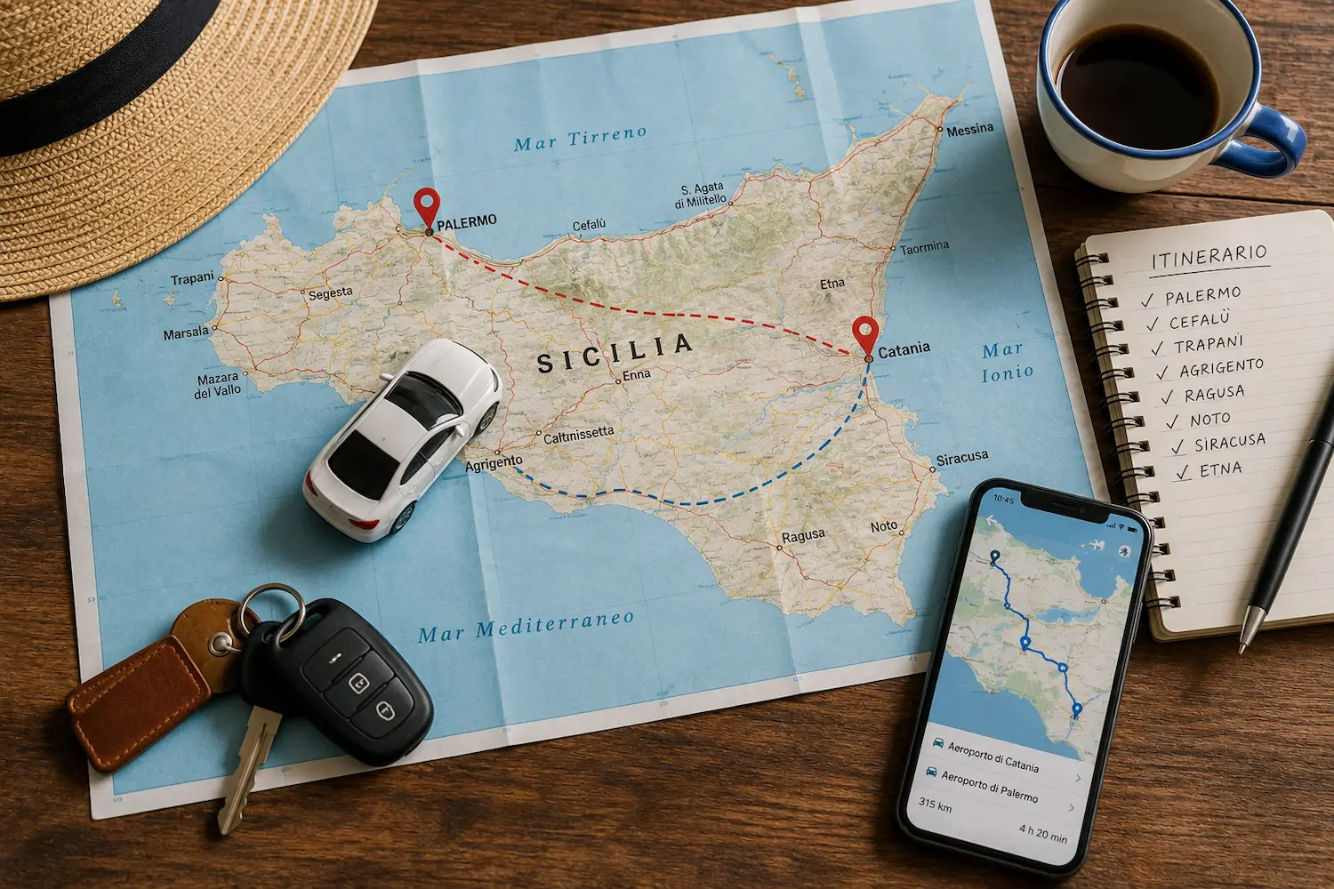 Mappa della Sicilia per scegliere tra noleggio auto a Catania o Palermo
