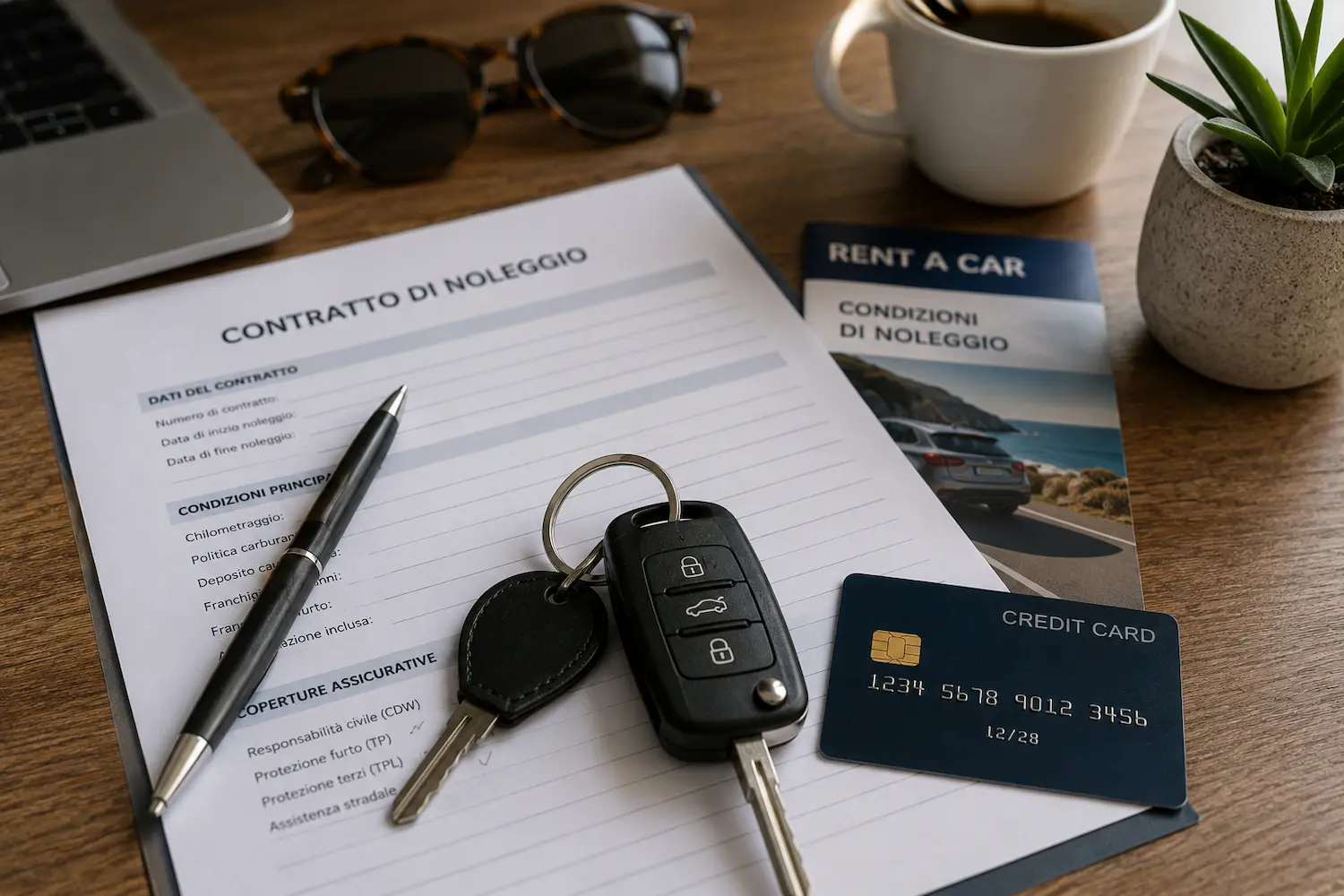 Contratto e chiavi per controllare assicurazione e franchigia del noleggio auto
