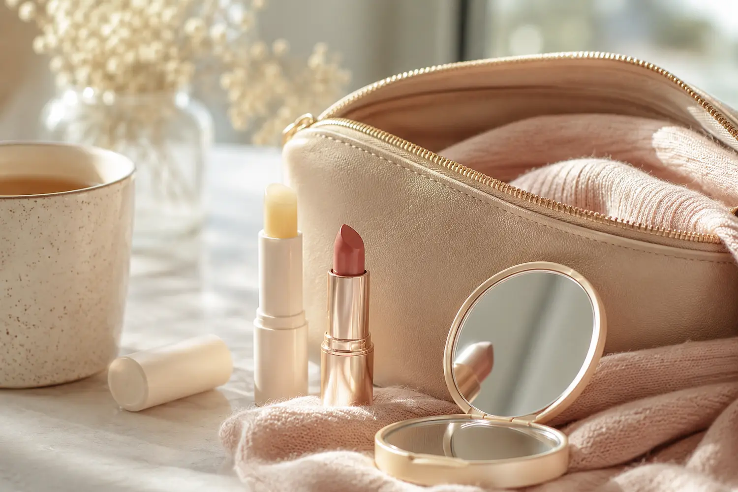 Pochette beauty con balsamo labbra, rossetto e specchio per routine quotidiana