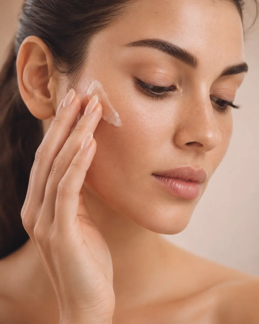 Donna applica una crema leggera sul viso prima del trucco