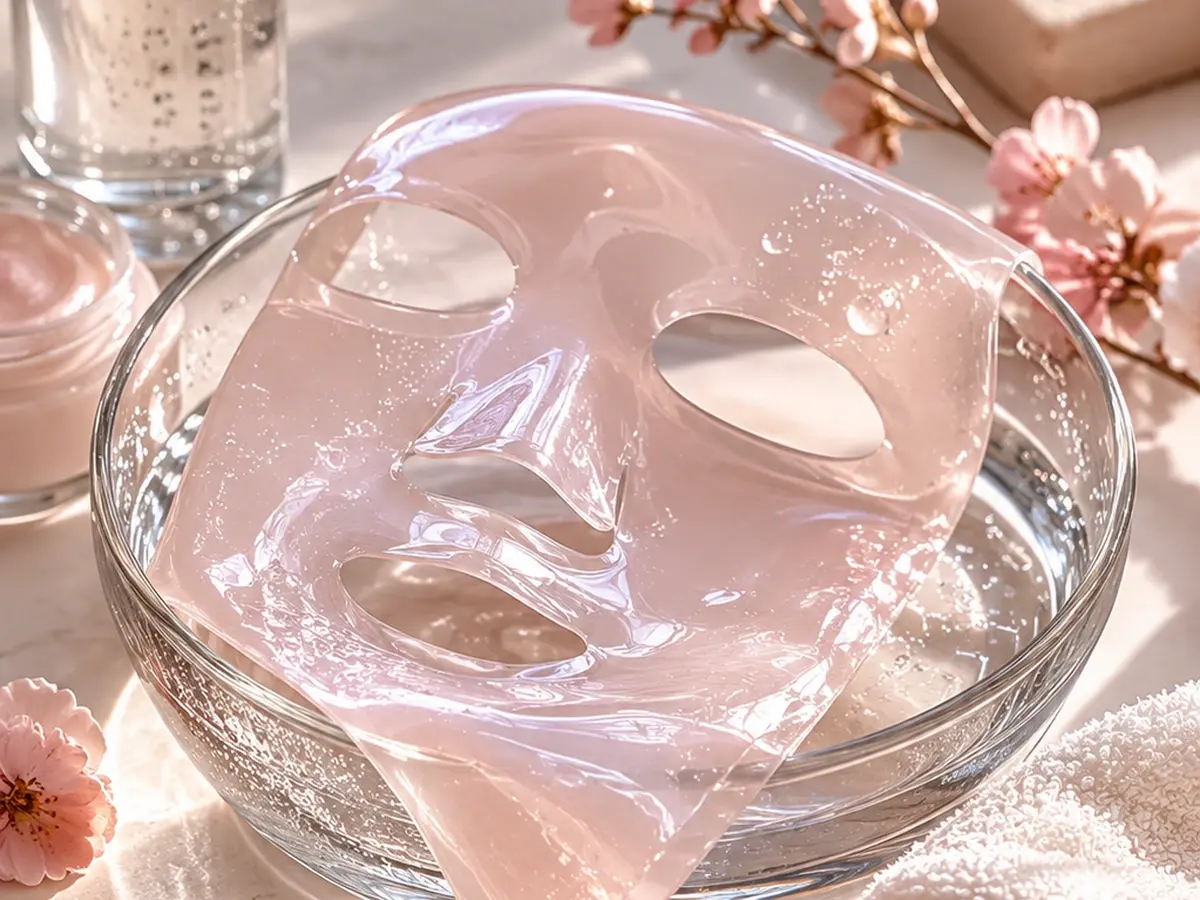 Maschera al collagene in idrogel in una scena skincare luminosa