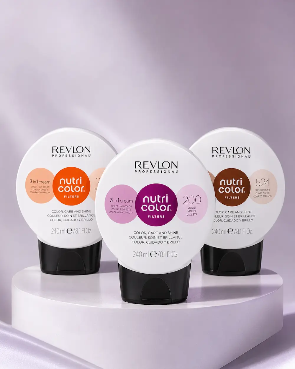 Tre varianti Revlon Nutri Color Filters su sfondo lilla editoriale