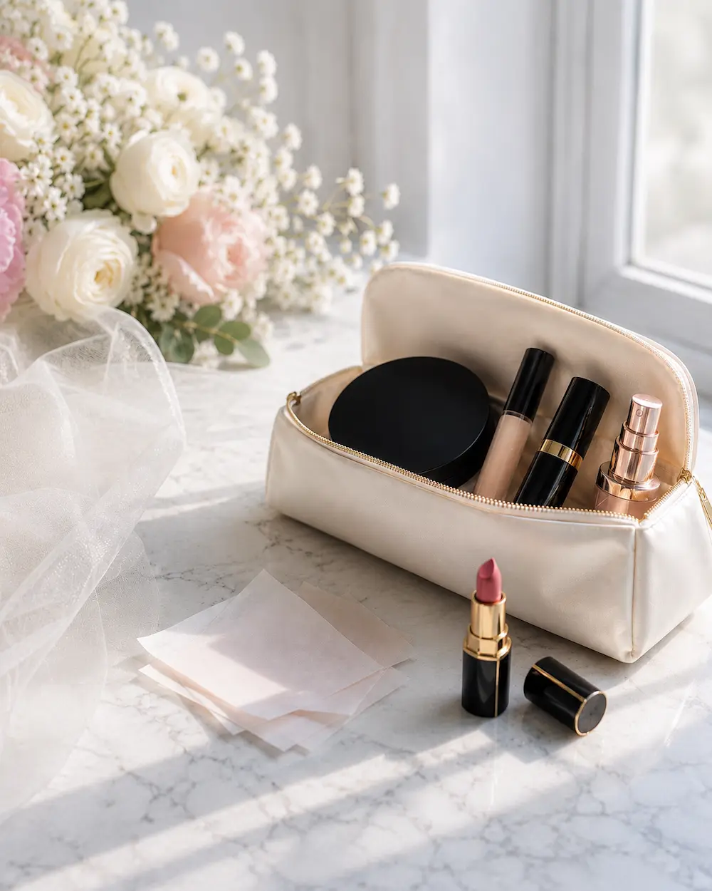 Pochette bridal con prodotti make-up per ritocchi sposa, foglietti opacizzanti e rossetto in luce naturale