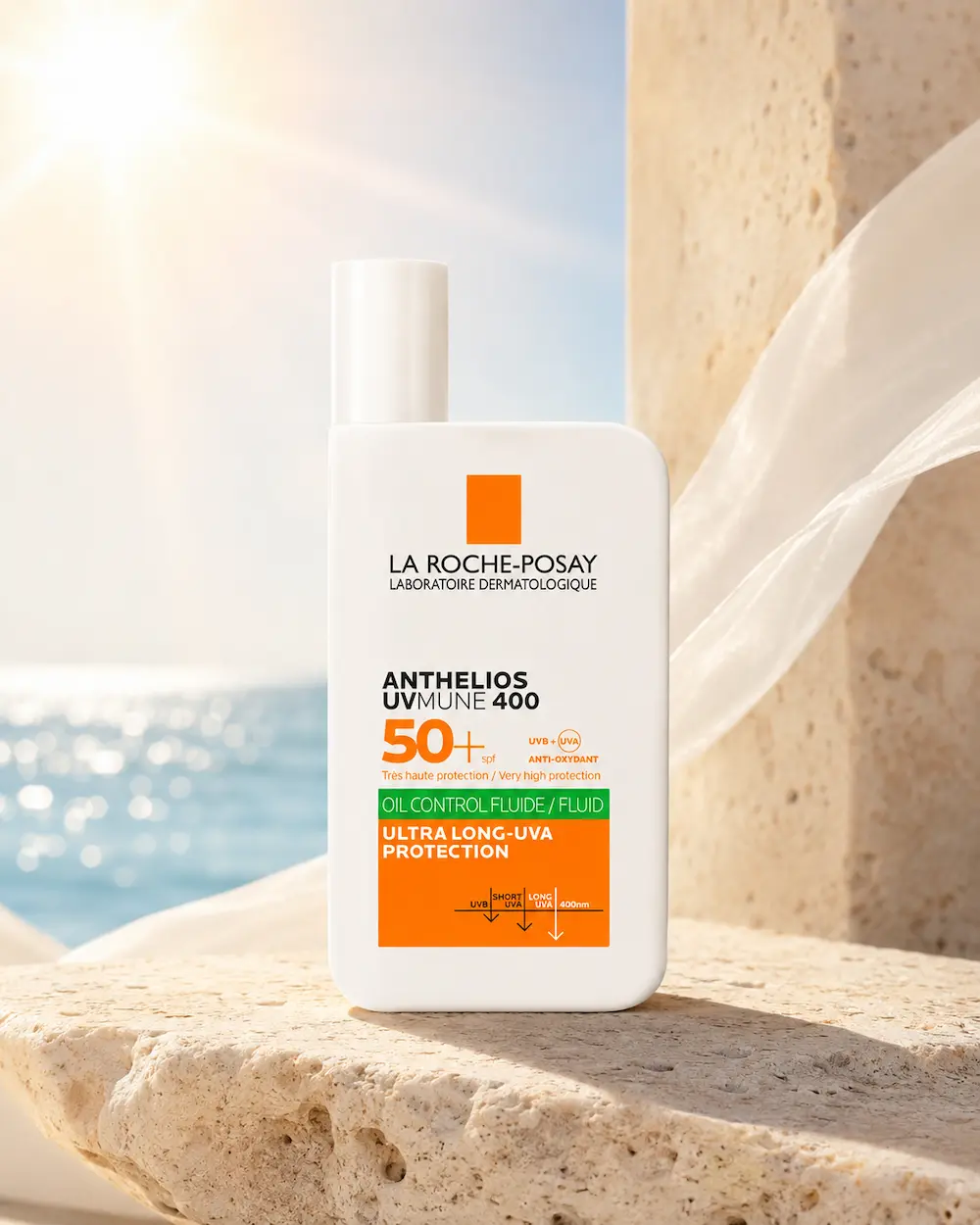 La Roche-Posay Anthelios UVMune 400 SPF50+ su sfondo solare mediterraneo con mare e luce naturale