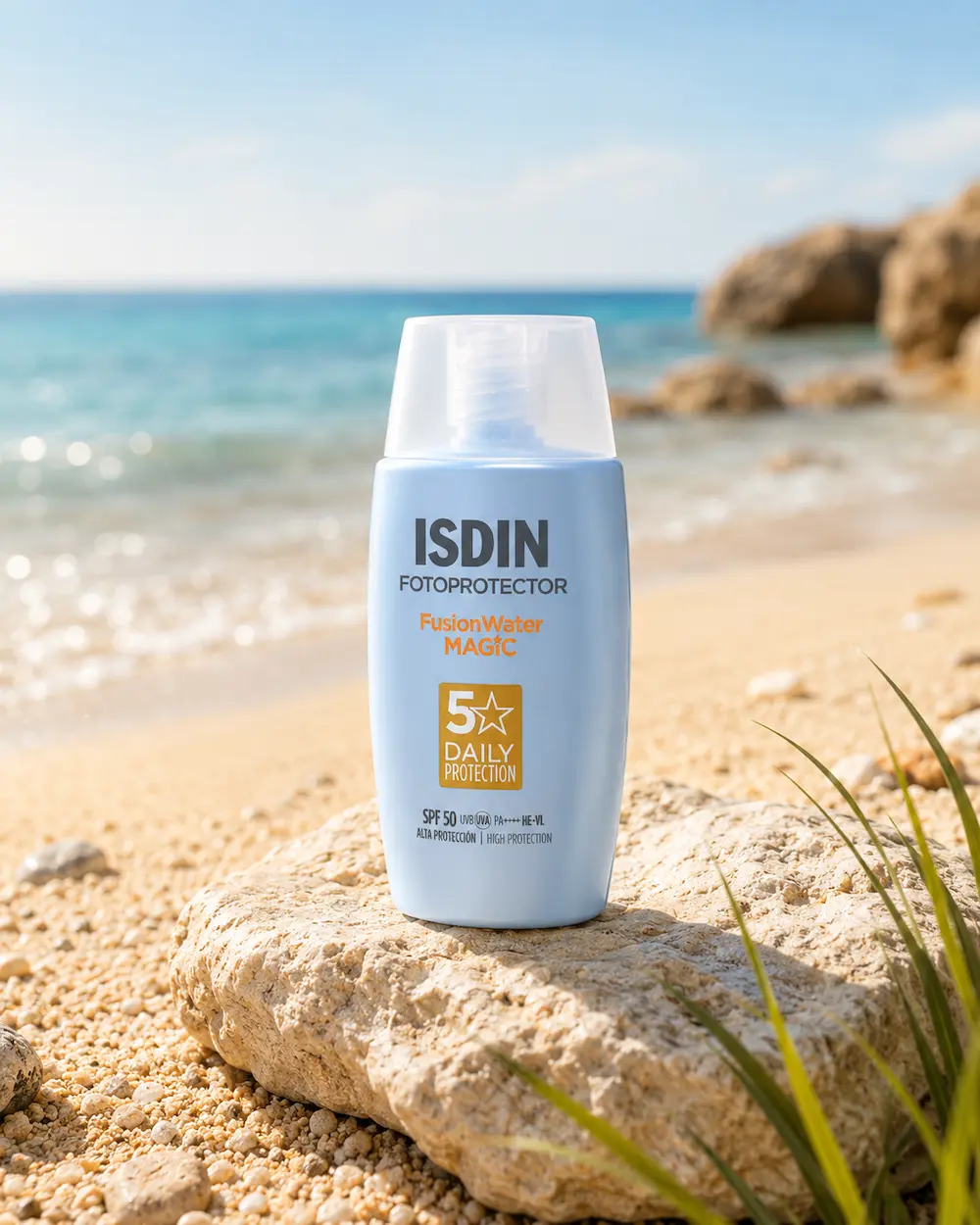 ISDIN Fusion Water Magic SPF50 su spiaggia luminosa con mare cristallino e luce estiva naturale