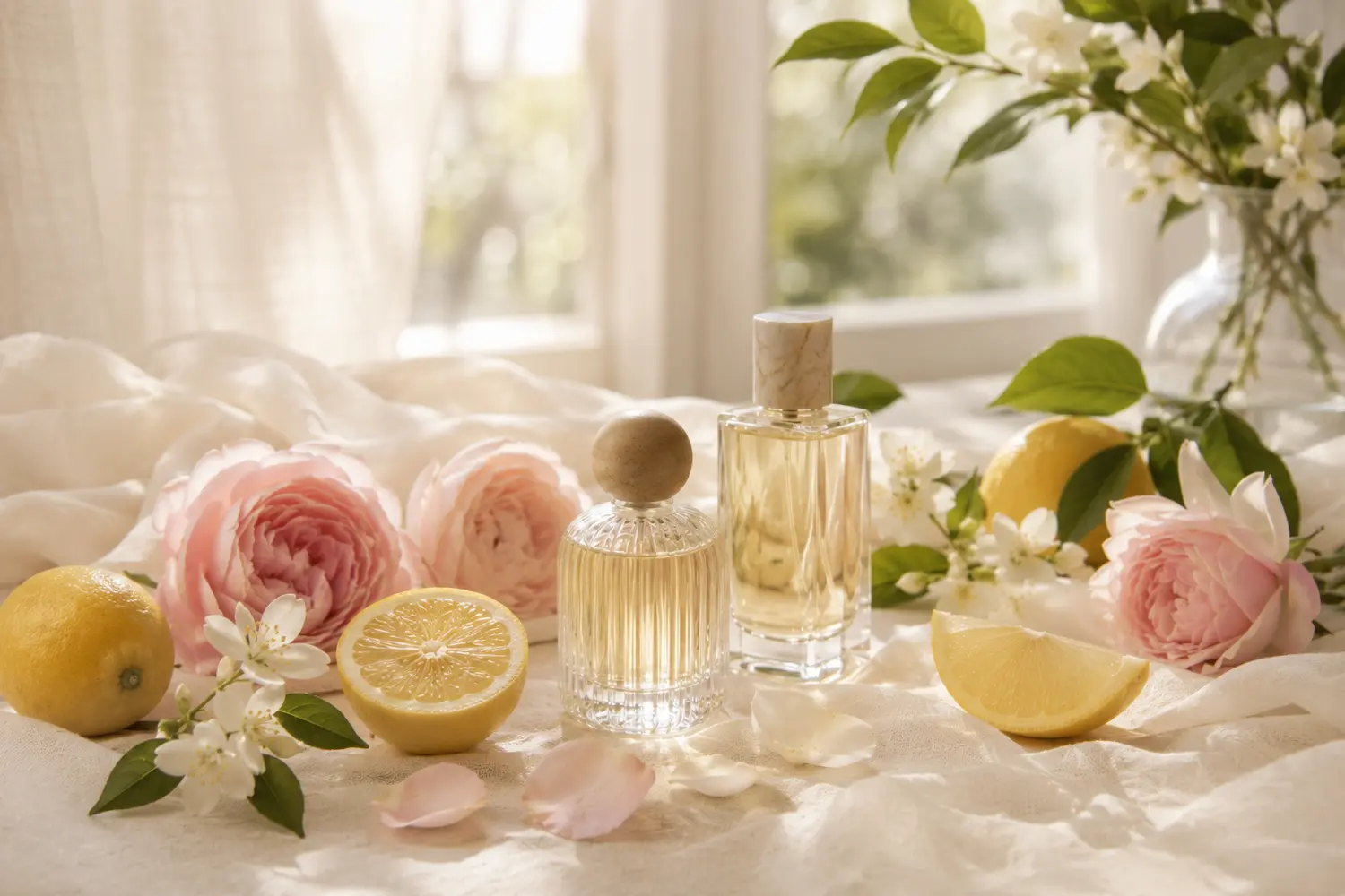 Profumi freschi e floreali con limoni, rose e fiori bianchi in luce naturale