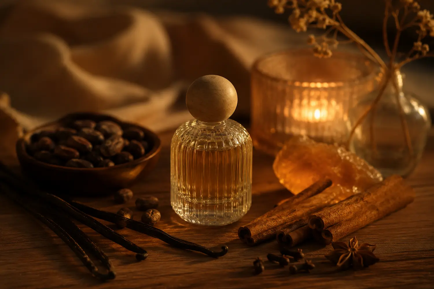 Fragranza ambrata e gourmand con vaniglia, cannella, cacao e luce calda