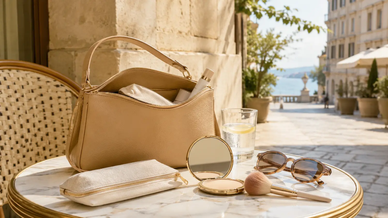 Borsa estiva con specchio compatto e pennello per ritoccare l’SPF in polvere al sole