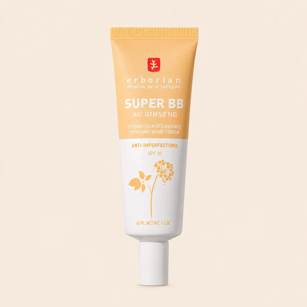 Erborian Super BB al Ginseng SPF 20 Nude su sfondo beige chiaro, BB cream coprente con finish satinato