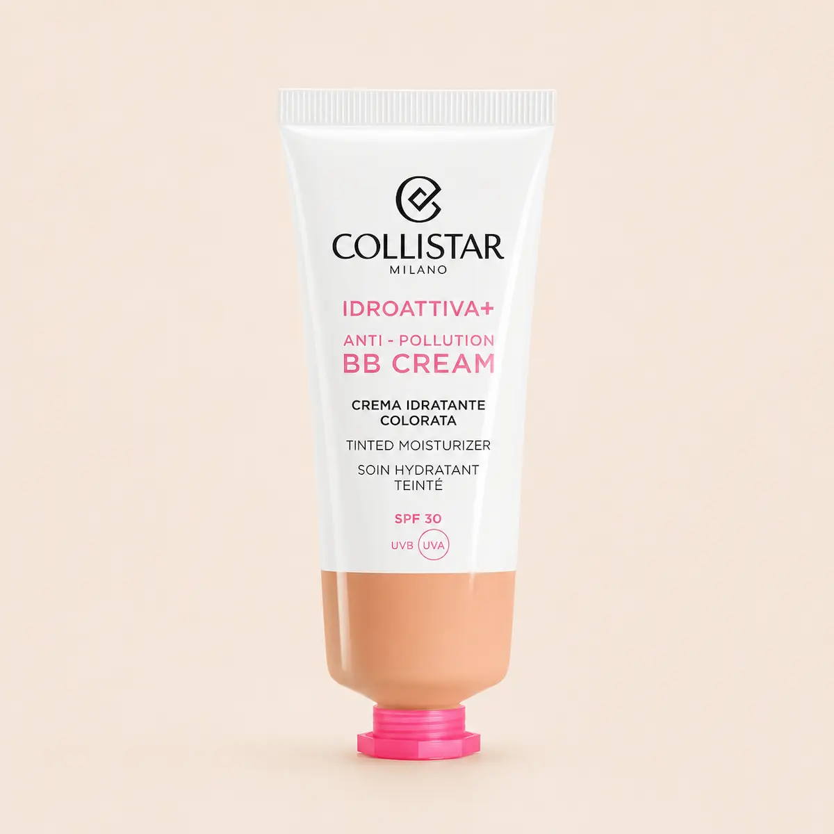 Collistar Idroattiva+ BB Cream SPF 30 su sfondo beige chiaro, crema colorata idratante dal finish naturale