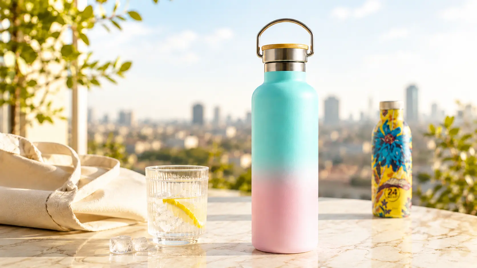 Borraccia termica su terrazza estiva con bicchiere d’acqua, ghiaccio e borsa in tela